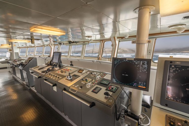 View looking out the windows from the bridge on the Ortelius