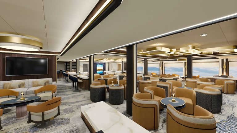 Observation Lounge on Magellan Discover with small circular tables, chairs, tv and large windows