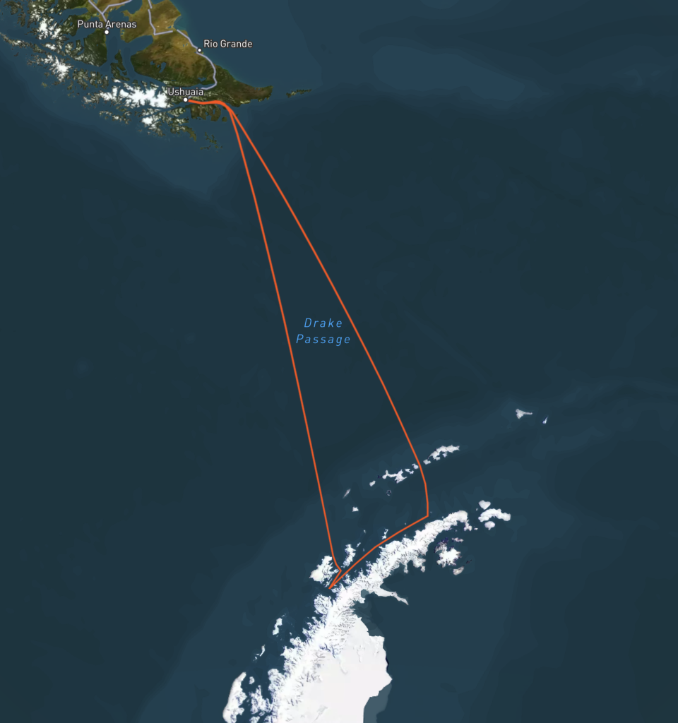 Route map for Antarctic Peninsula cruises departing from Ushuaia, Argentina.