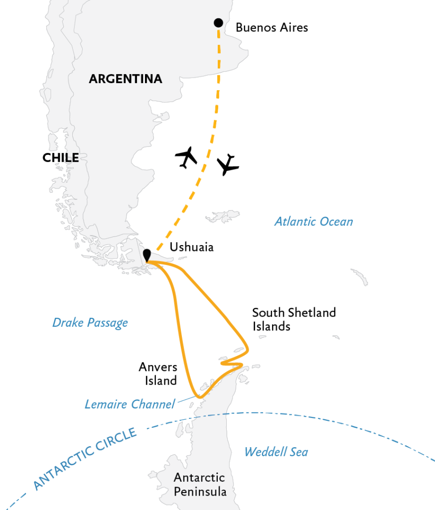 Route map with flights between Buenos Aires & Ushuaia and the ship from Ushuaia to / from Antarctica. 