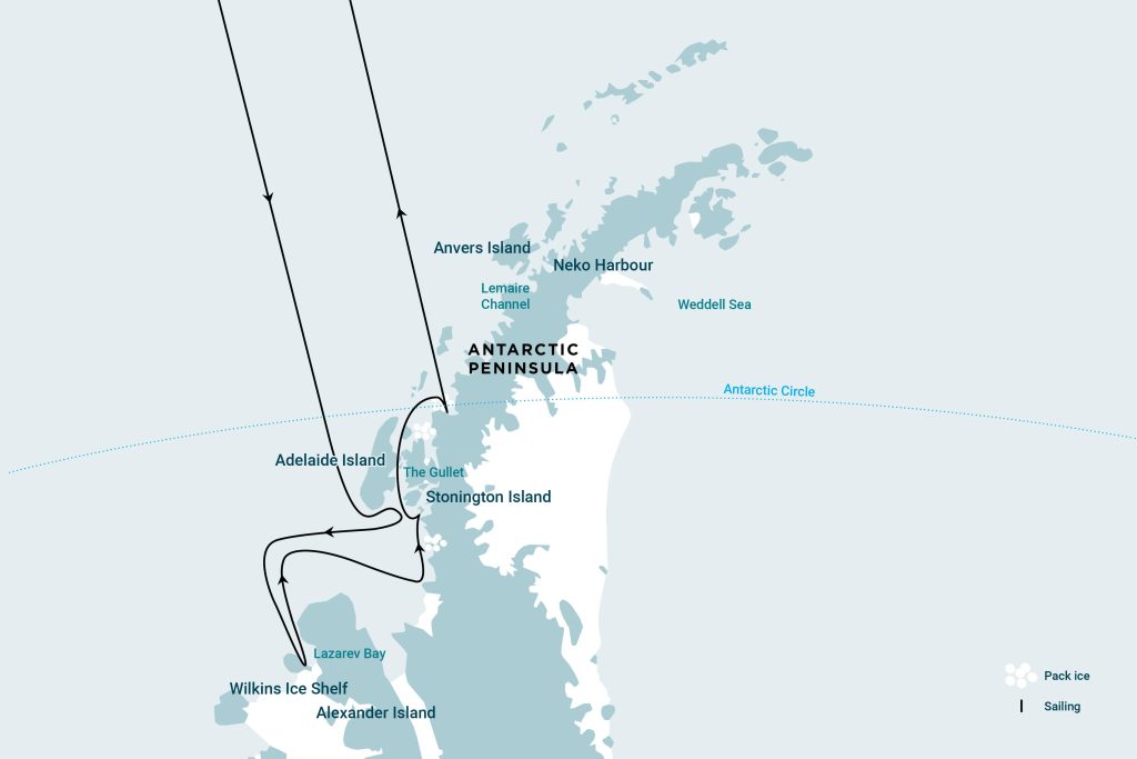 Map of Antarctic Peninsula with route of Unchartered Islands of the Deep South voyage. 