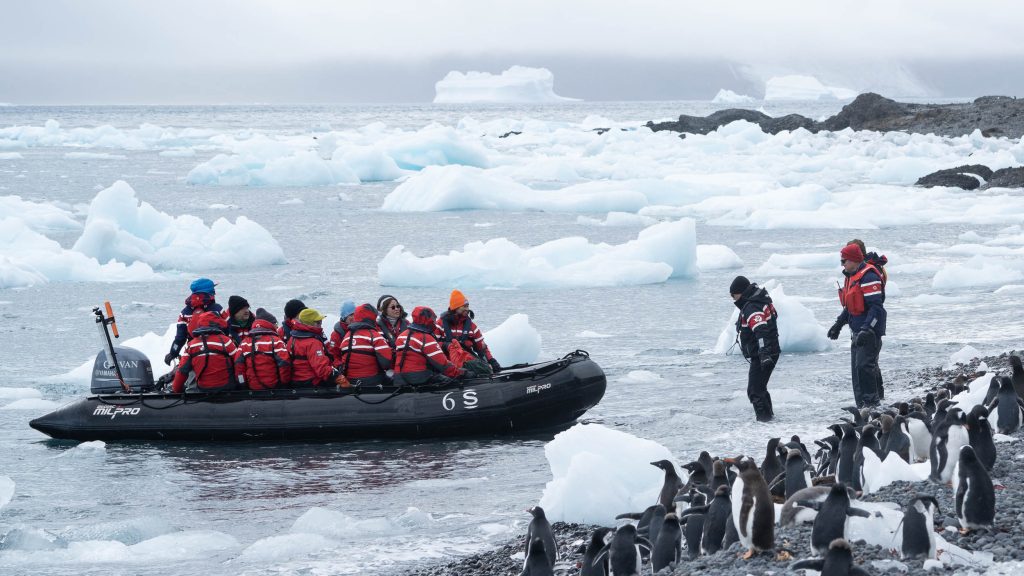 Zodiac full of guests arriving on shore.