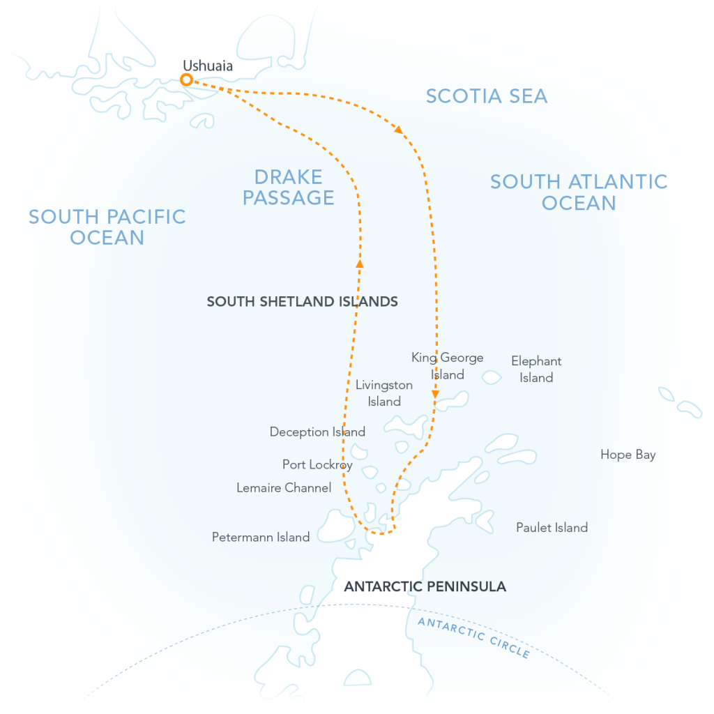 Voyage route map showing Ushuaia and the Antarctic Peninsula.