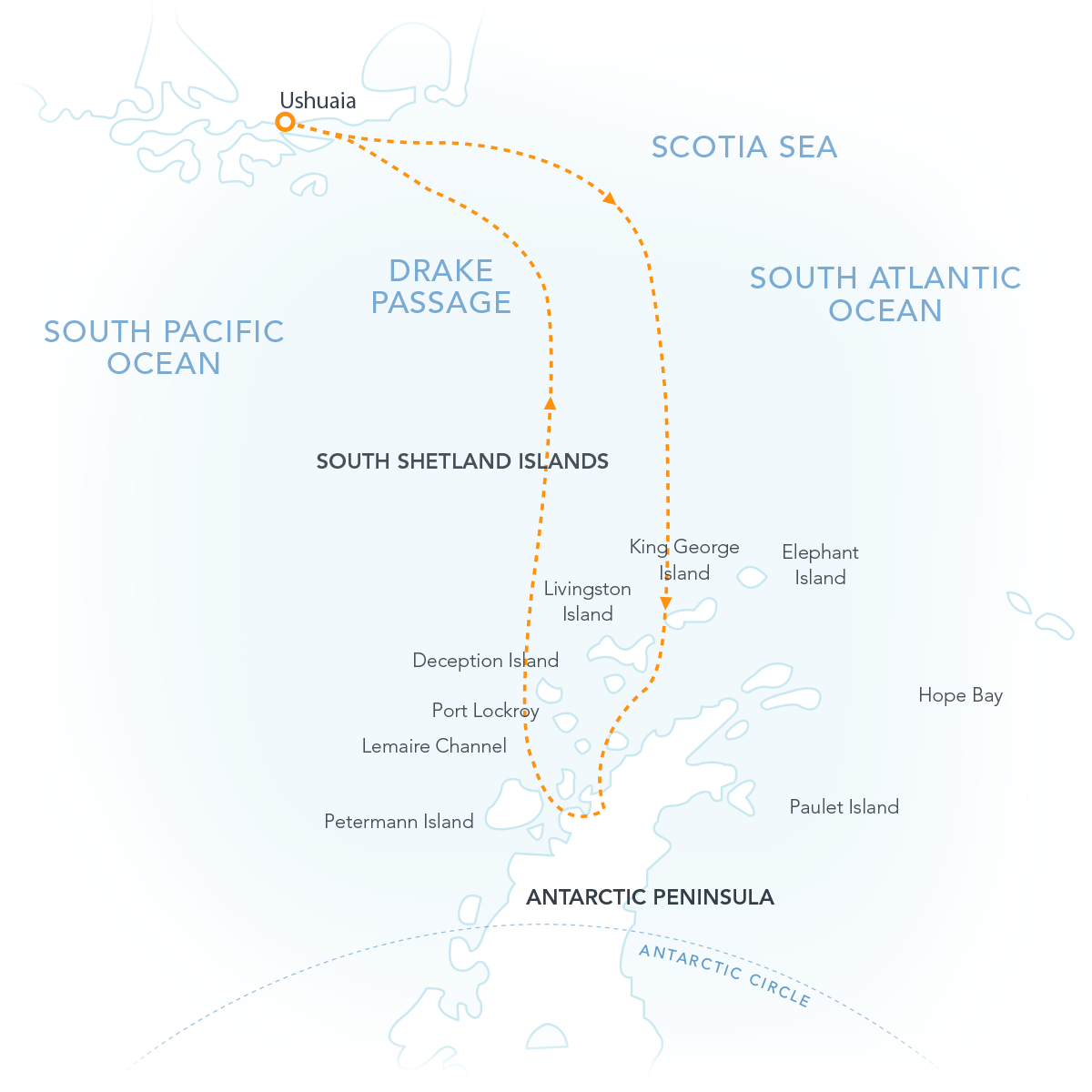 Voyage route map showing Ushuaia and the Antarctic Peninsula.