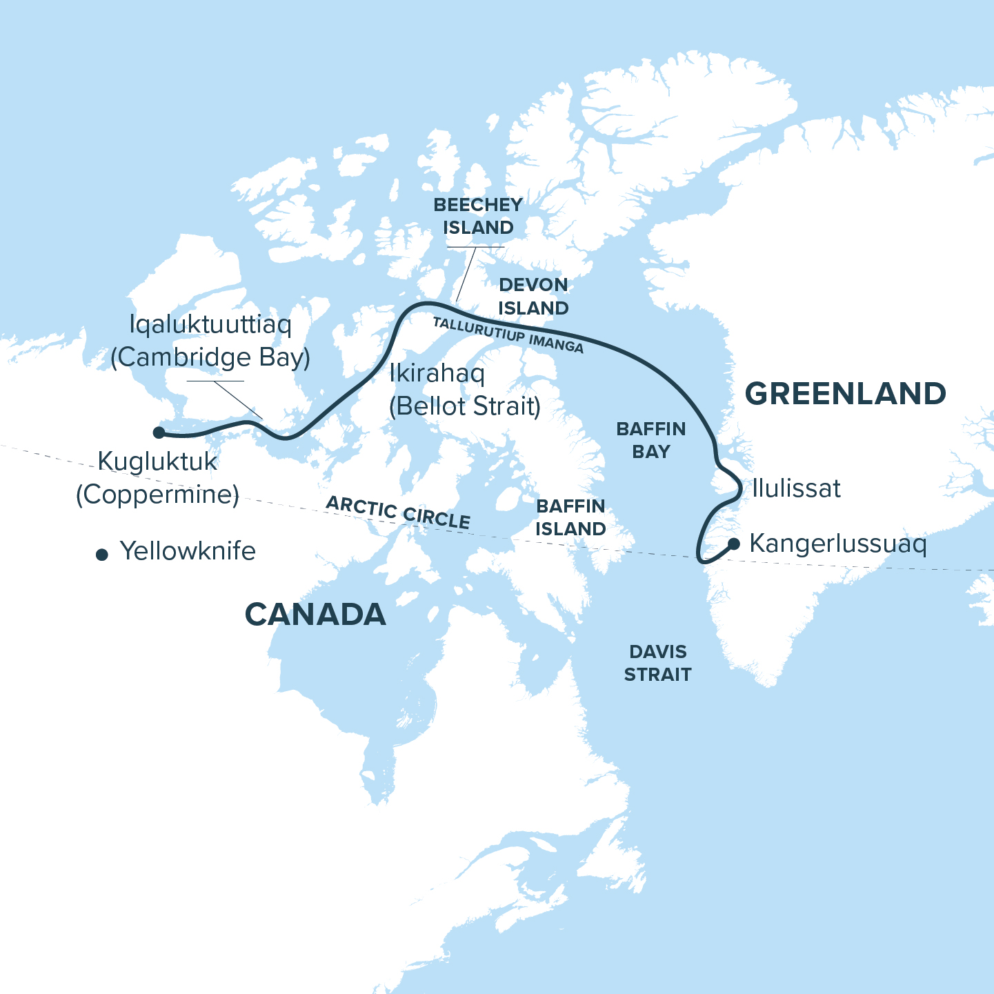 Route map from West Greenland to the Northwest Passage. 