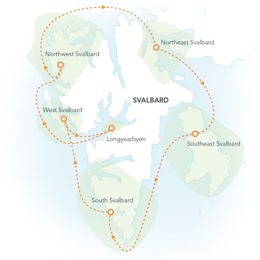 Route map of Svalbard Circumnavigation voyage.