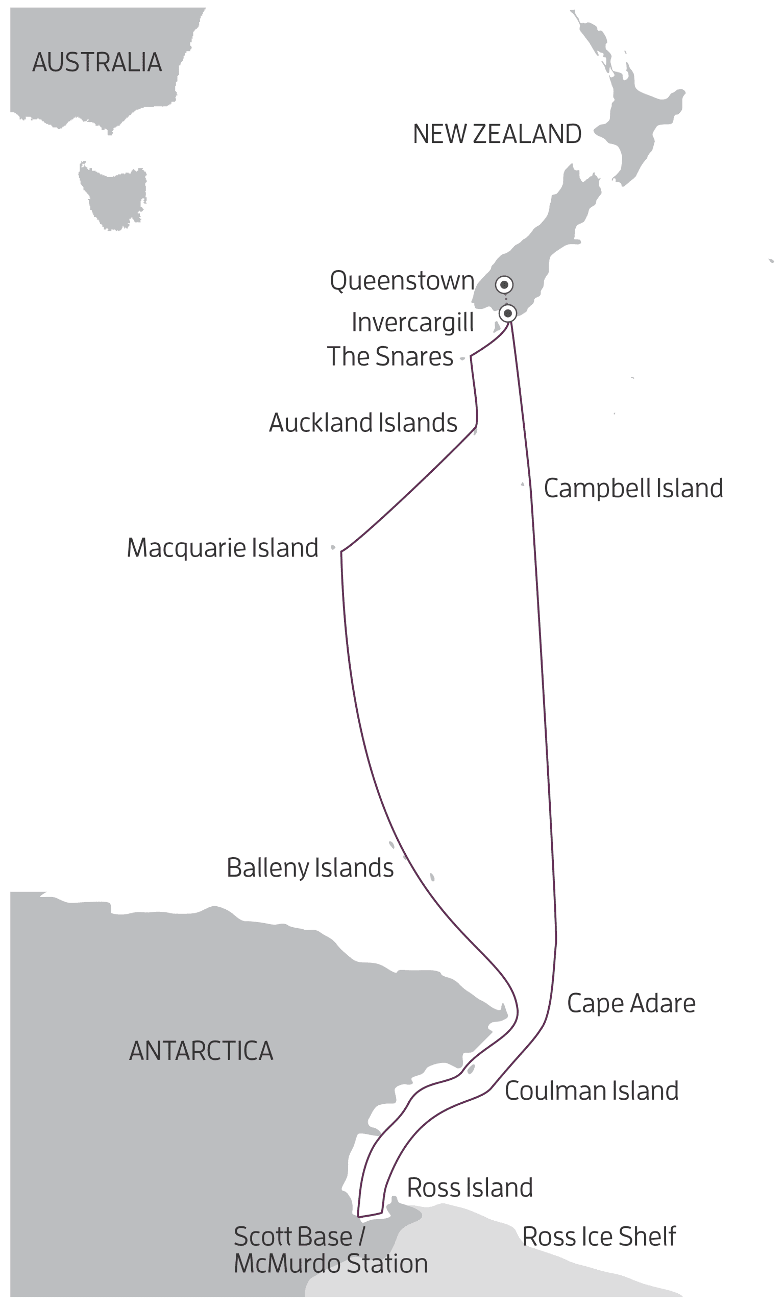 Route map from New Zealand to the Ross Sea. 