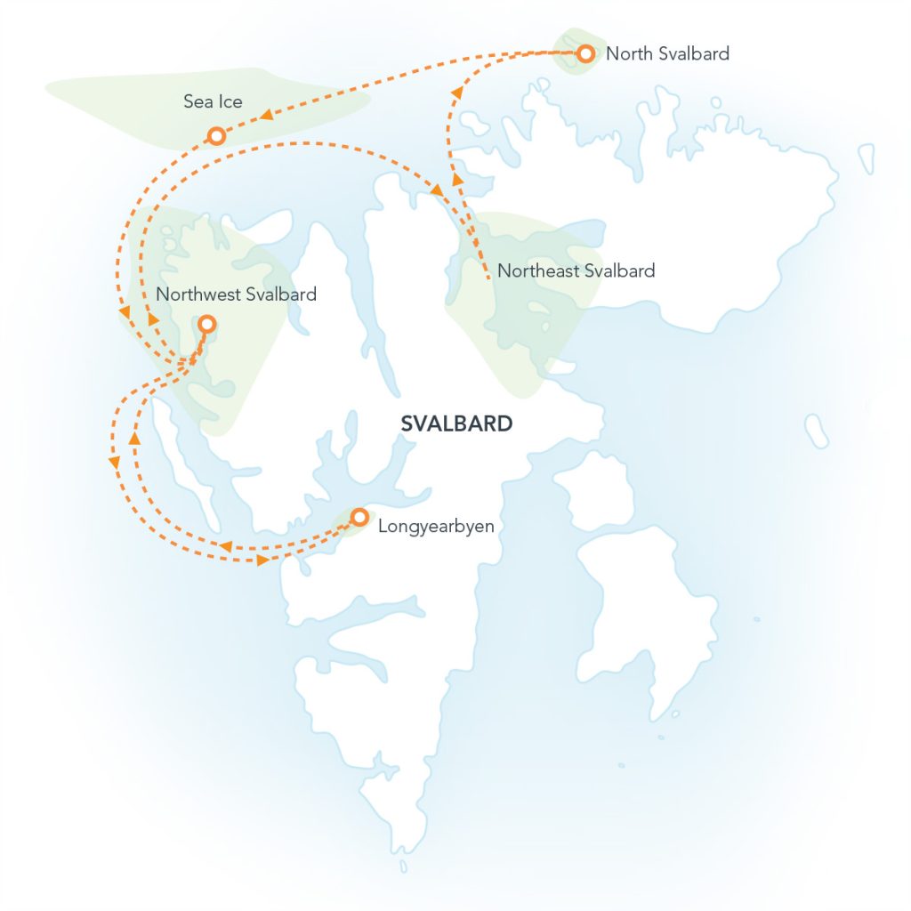 Map of Svalbard and voyage route showing to the north & west of Spitsbergen. 