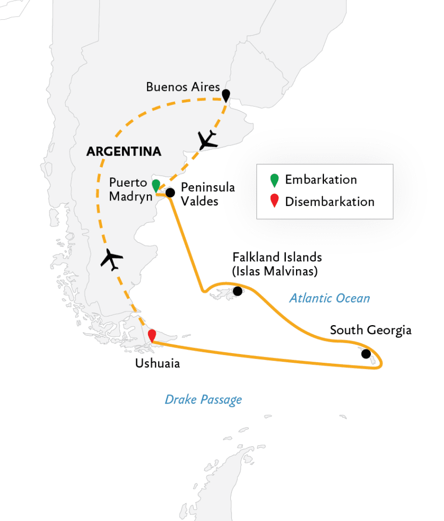 Falklands and South Georgia Wildlife Adventure route map. 