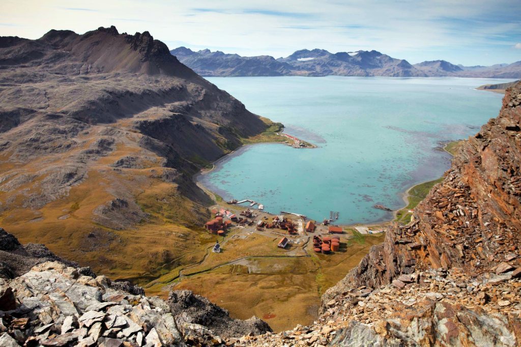 An overhead view of Grytvitken on South Georgia. 