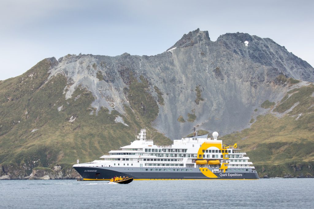 The ship Ultramarine on the water in South Georgia. 