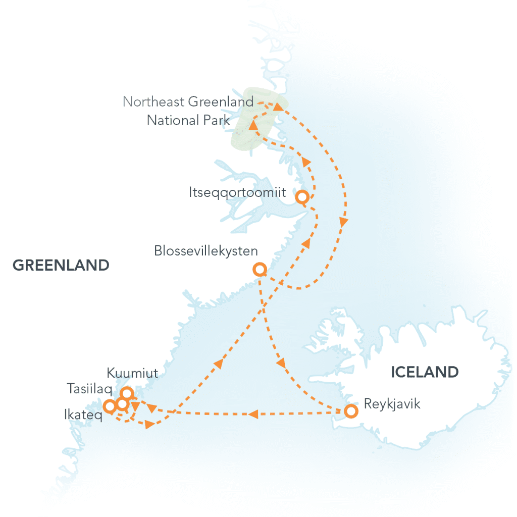 Route map for East Greenland Complete voyage.