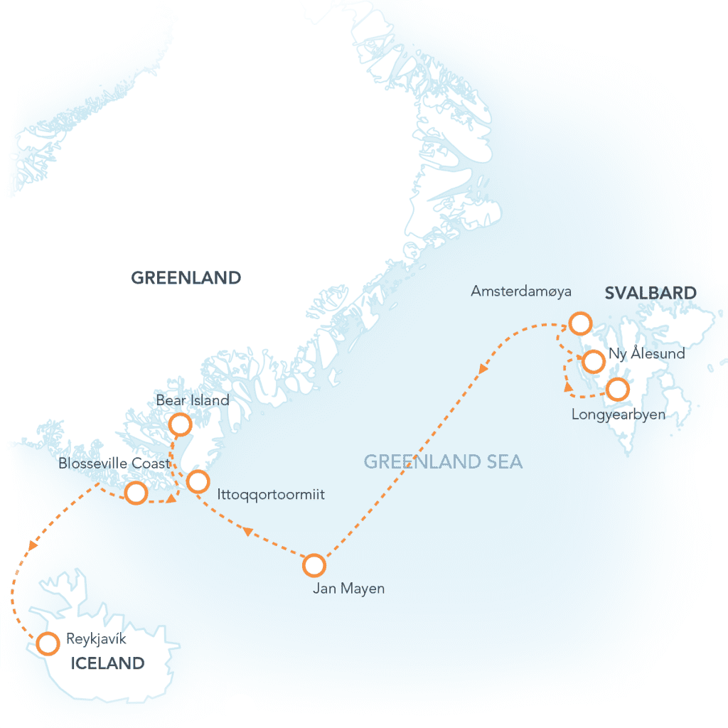 Route map for Four Arctic Islands Itinerary.