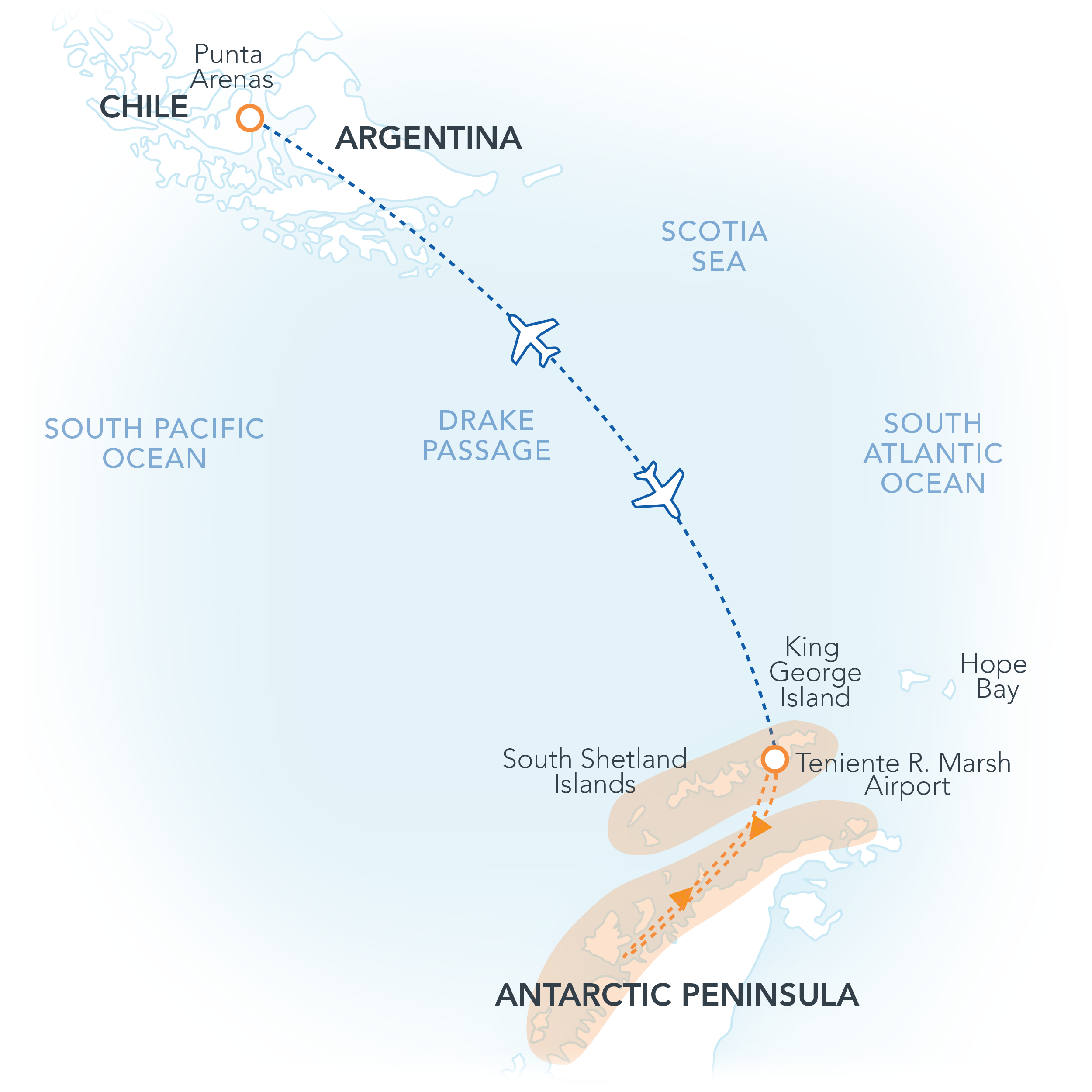 Route map for Antarctica: Fly the Drake Passage trip.
