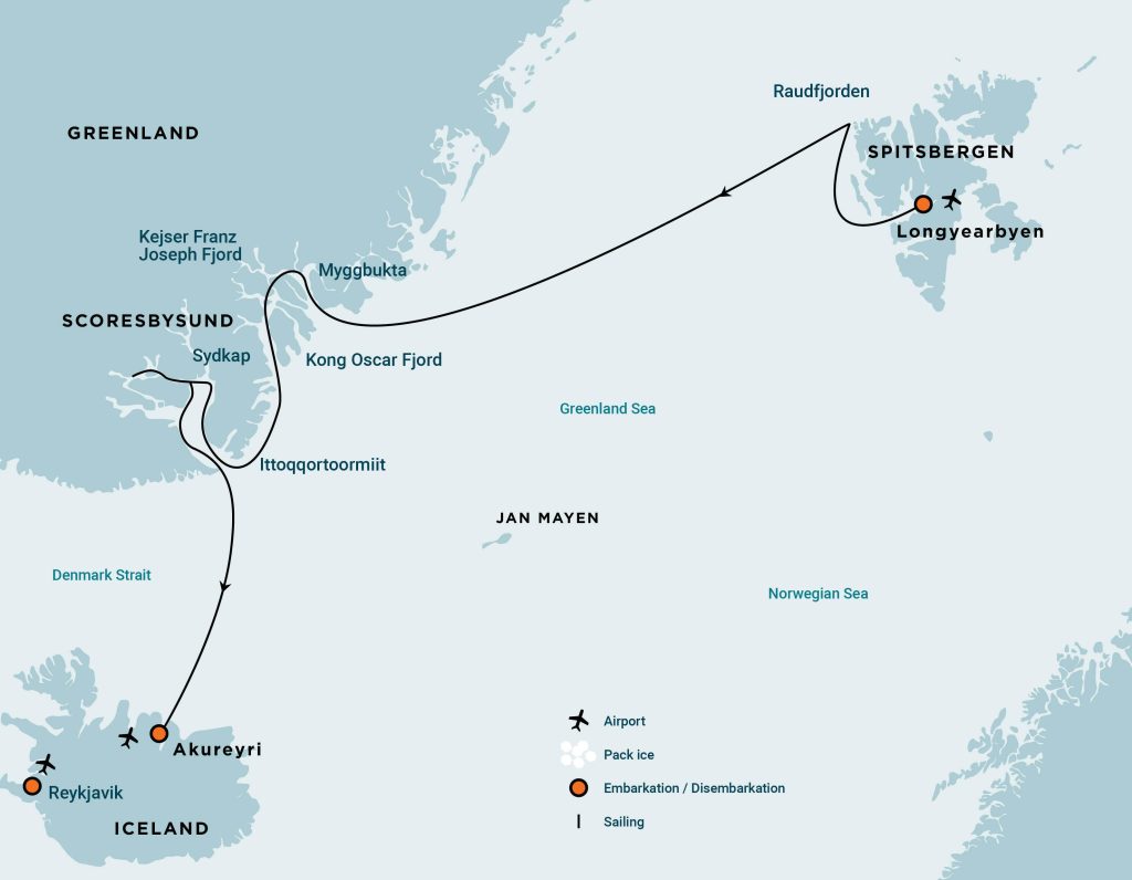 Route map showing ship traveling from Spitsbergen to East Greenland, ending in Iceland. 