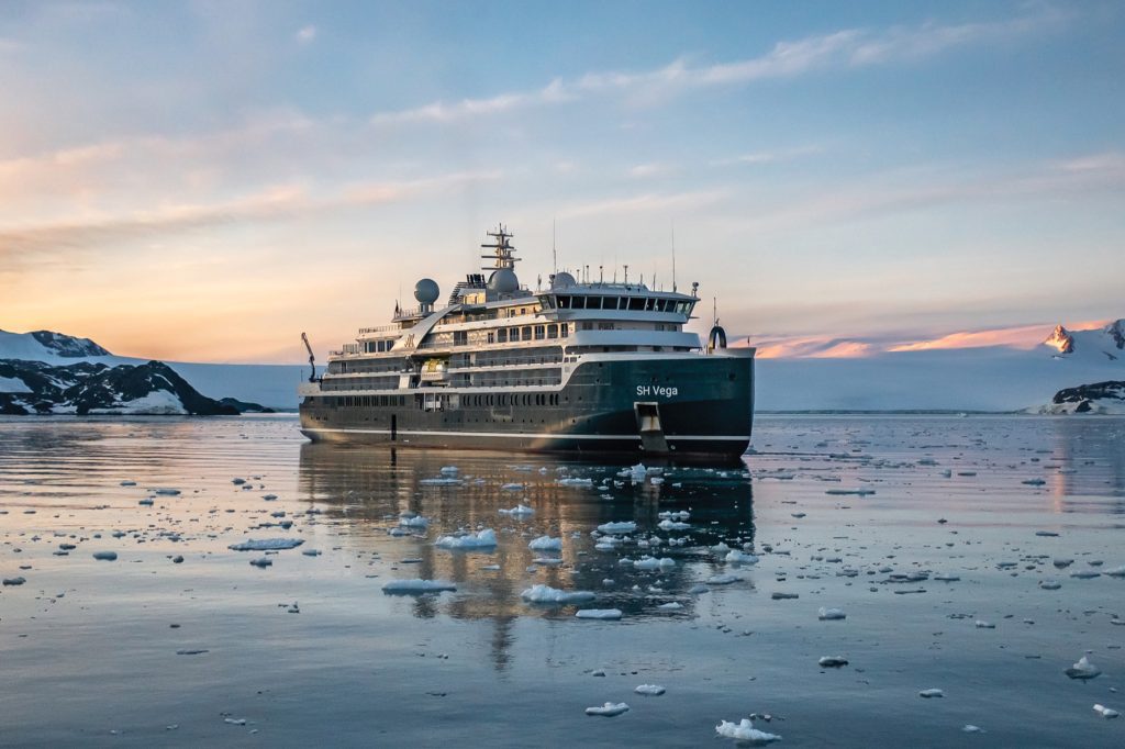 SH Vega at sunset in the Weddell Sea.