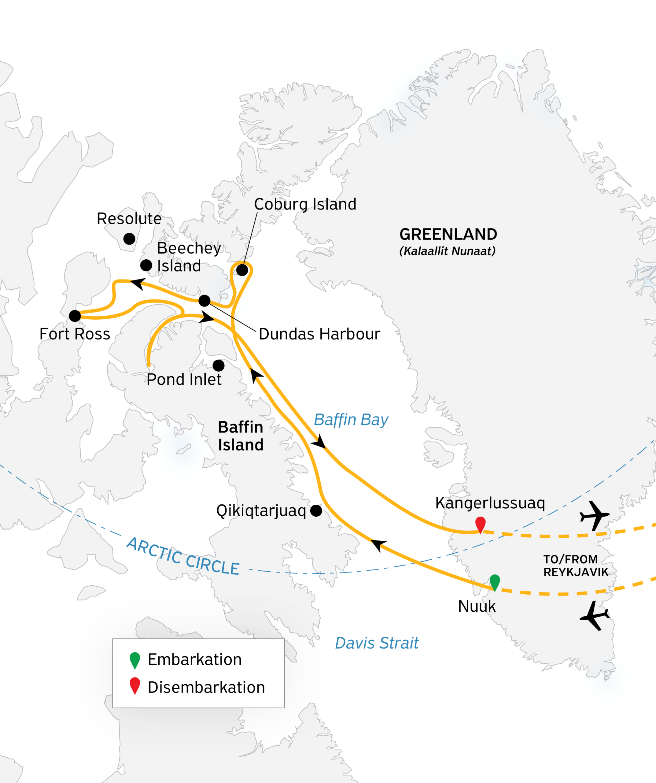 Canadian Arctic voyage route map.