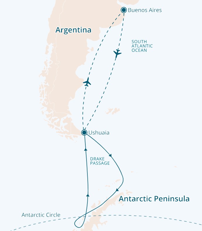 Route map for Cruise to the Antarctic Circle with Swan Hellenic