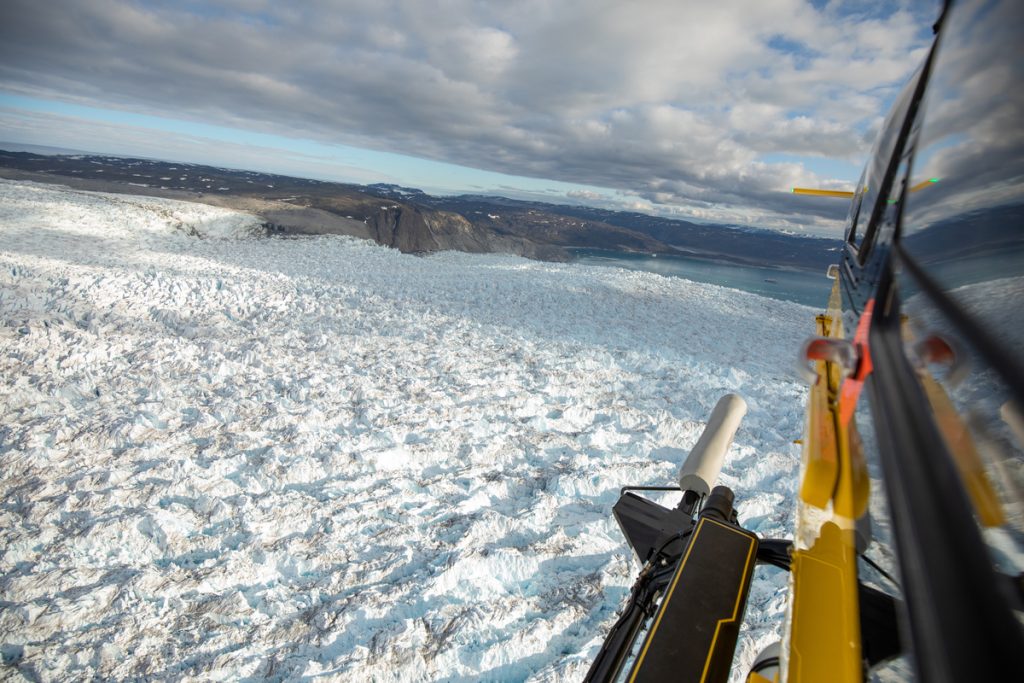 Bird's eye view of Greenland Ice sheet from helicopter. 
