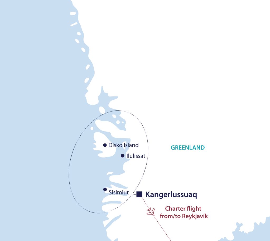 Route map for Wild Greenland showing west coast of Greenland.