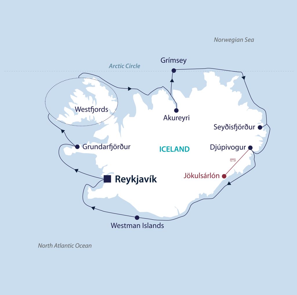 Route map showing circumnavigation of Iceland.
