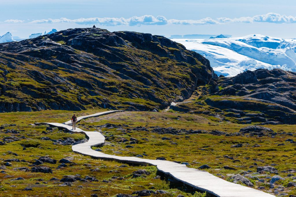 A boardwalk through the West Greenland tundra.