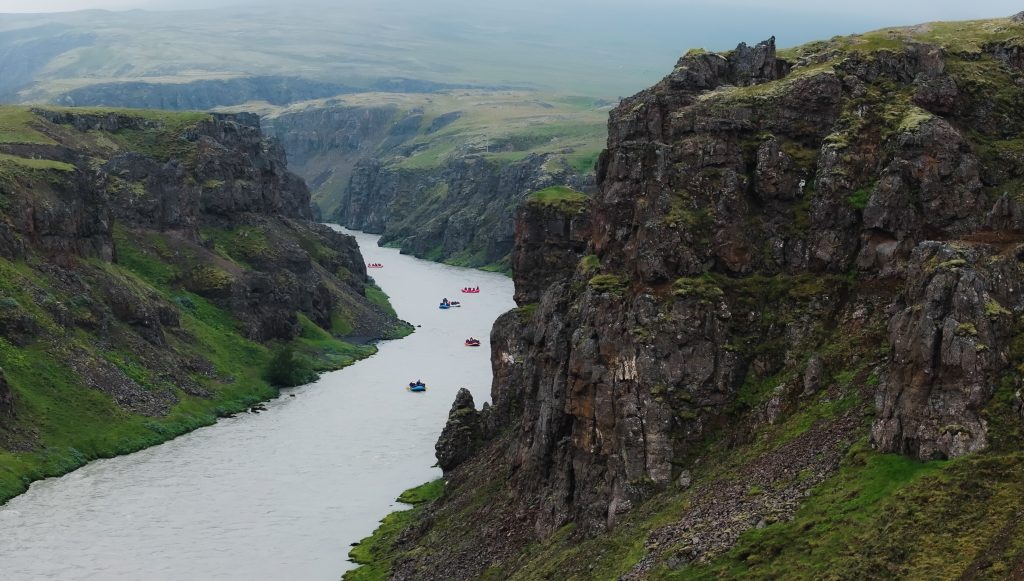 Rafts in a river gorge in Iceland. 