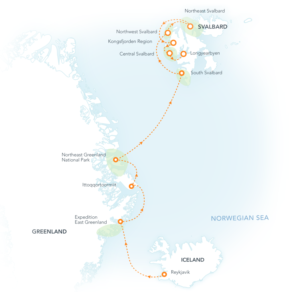 Route map for Three Arctic Islands: Extended voyage